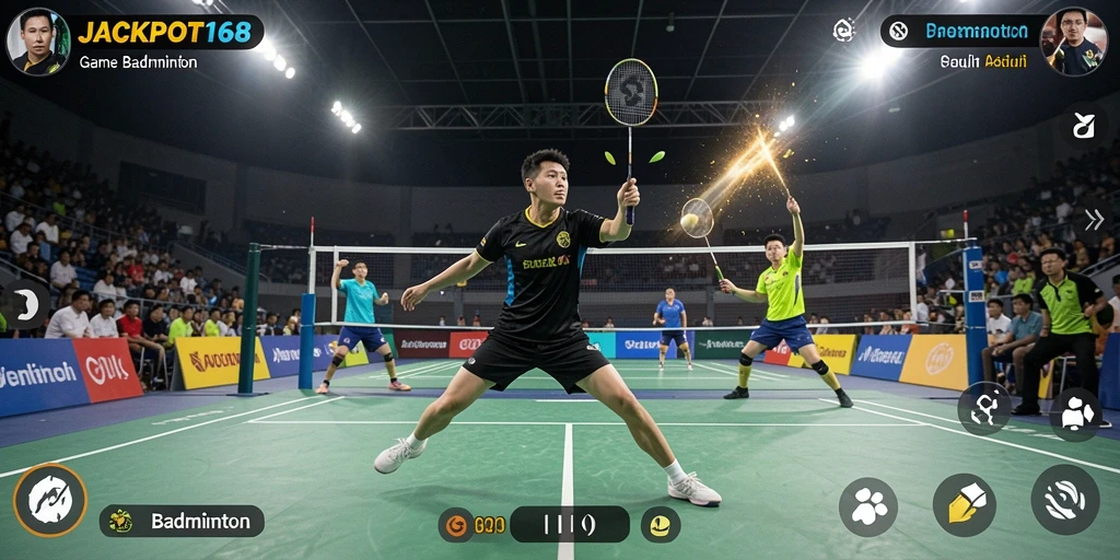 Tampilan antarmuka permainan Badminton yang dinamis dan menarik.