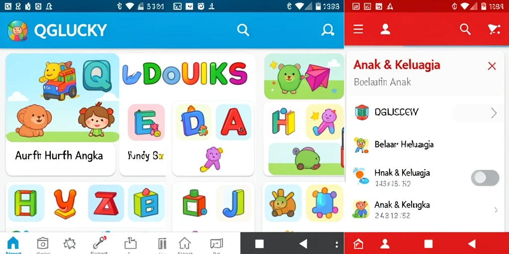 Screenshot utama QGLUCKY menampilkan antarmuka belajar huruf dan angka.